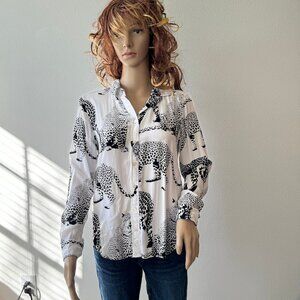 Jane + Delancey White Button Up Long Sleeve Shirt Wild Cats Leopard Sz S